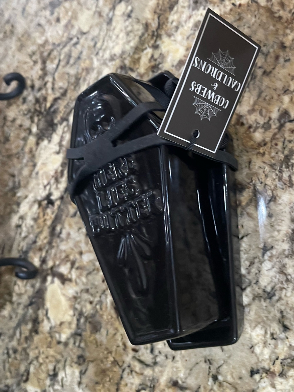 Cobwebs and Cauldrons black coffin covered butter dish HERE LIES BUTTER …NEW